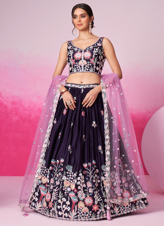 Sattin Silk Purple Wedding Wear Sequins Work Lehenga Choli